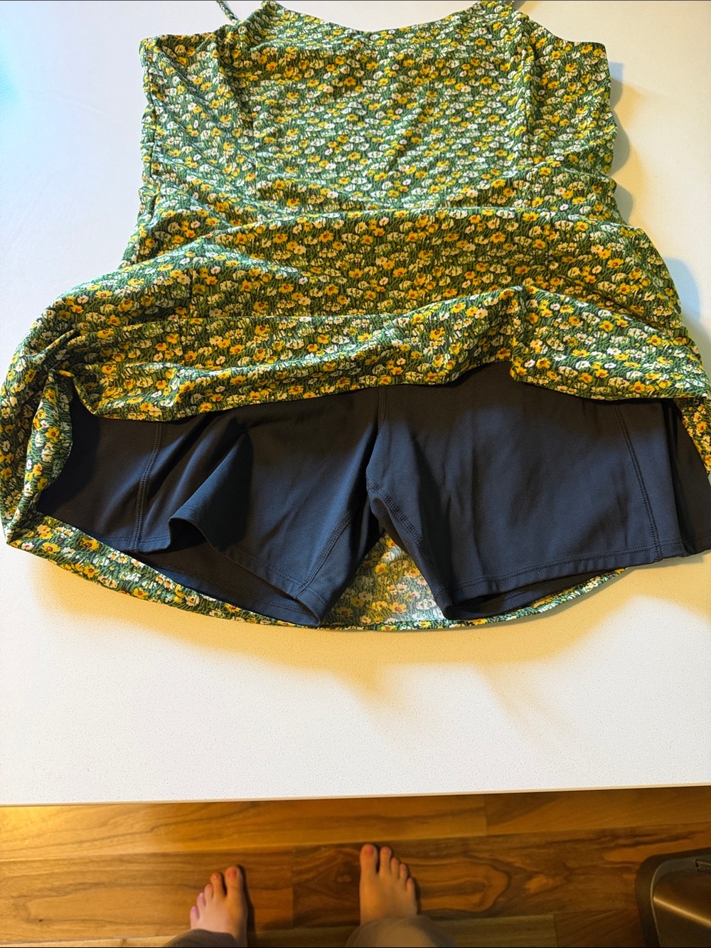 Green Floral Dress with Built-In Black Shorts - Picture 2 of 4